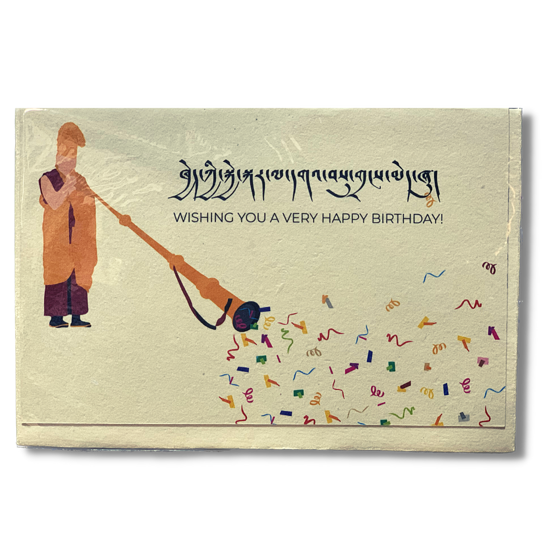 Happy Birthday Card Tibetan Monk with Long Trumpet Tibetan Emporium