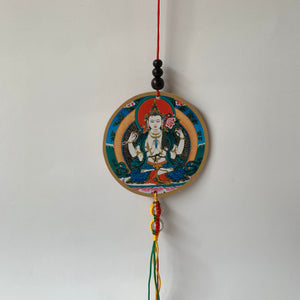 Four-Armed Chenrezig Print Wooden Hanger with Mani Mantra