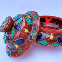 Load image into Gallery viewer, resin bowl dark purple with stone patched stone lid open side