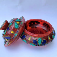 Load image into Gallery viewer, resin bowl dark purple with stone patched stone lid open