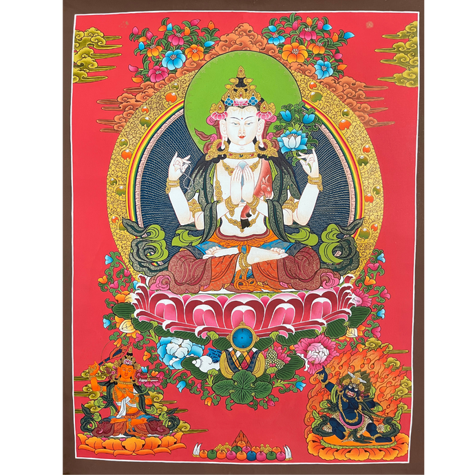 Chenrezig - Hand-painted Thangka - Red Background