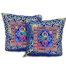 Load image into Gallery viewer, Double Vajra (Dorje) Blue Brocade Cushion Cover