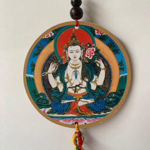 Four-Armed Chenrezig Print Wooden Hanger with Mani Mantra front