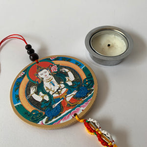 Four-Armed Chenrezig Print Wooden Hanger with Mani Mantra scale