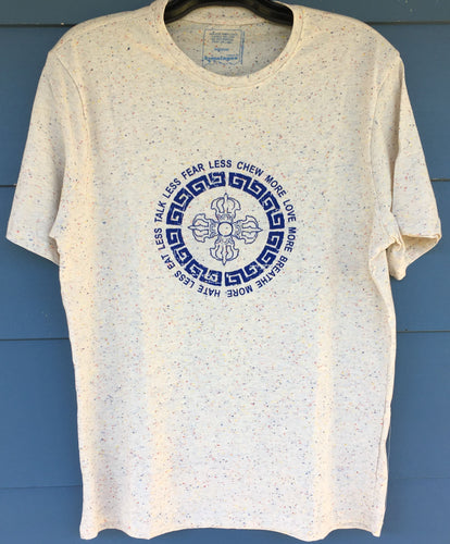 Blue Double Vajra Print on White Flecked T-Shirt